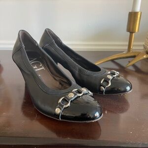 AGL Black Leather Block Heel Pumps Size 6.5